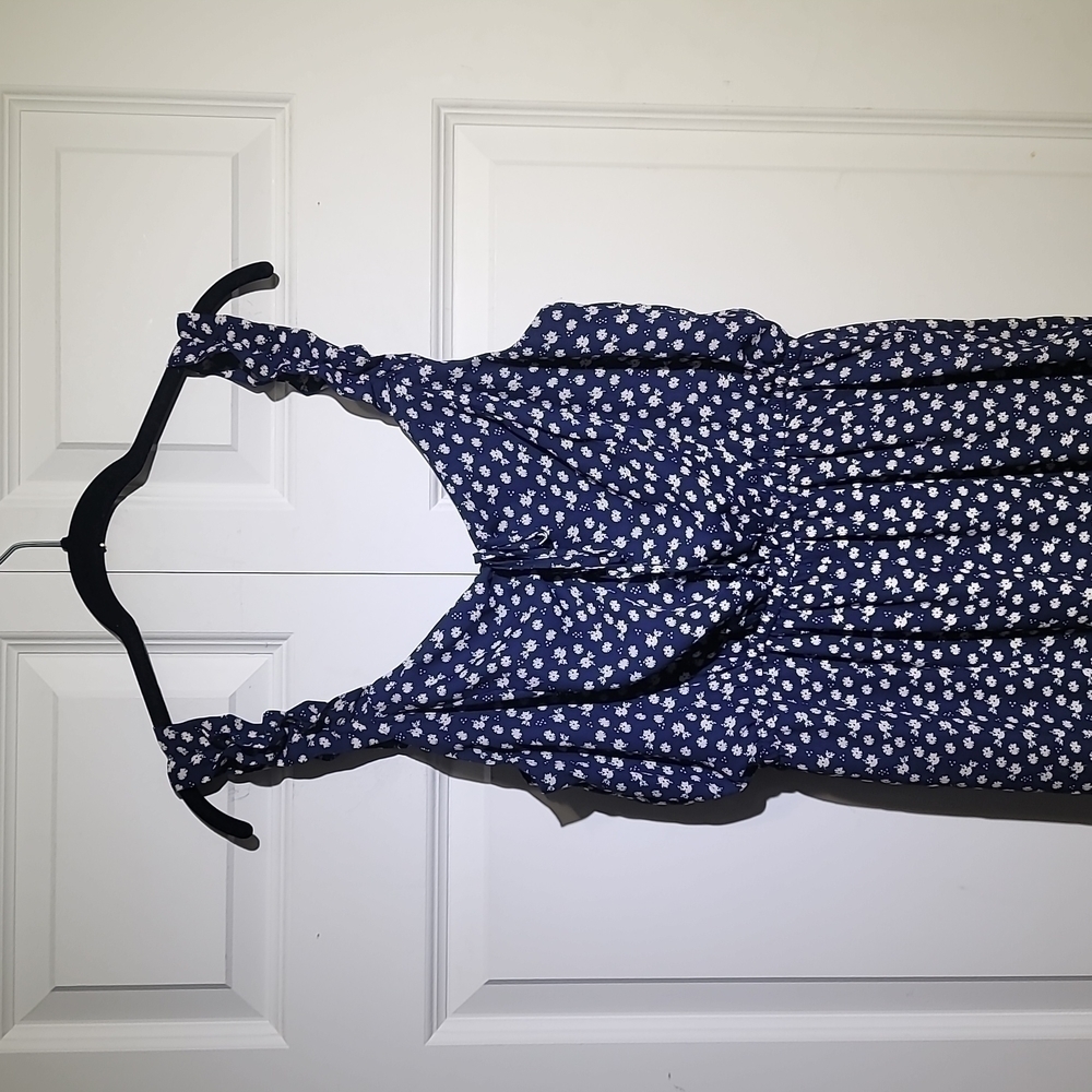 C Label Brand Logo Apparel Navy Ruffle Floral Print Wide Leg Jumpsuit